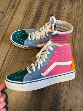 Vans Kids High-Top Sneakers in Pink, Teal, Light Blue & Yellow